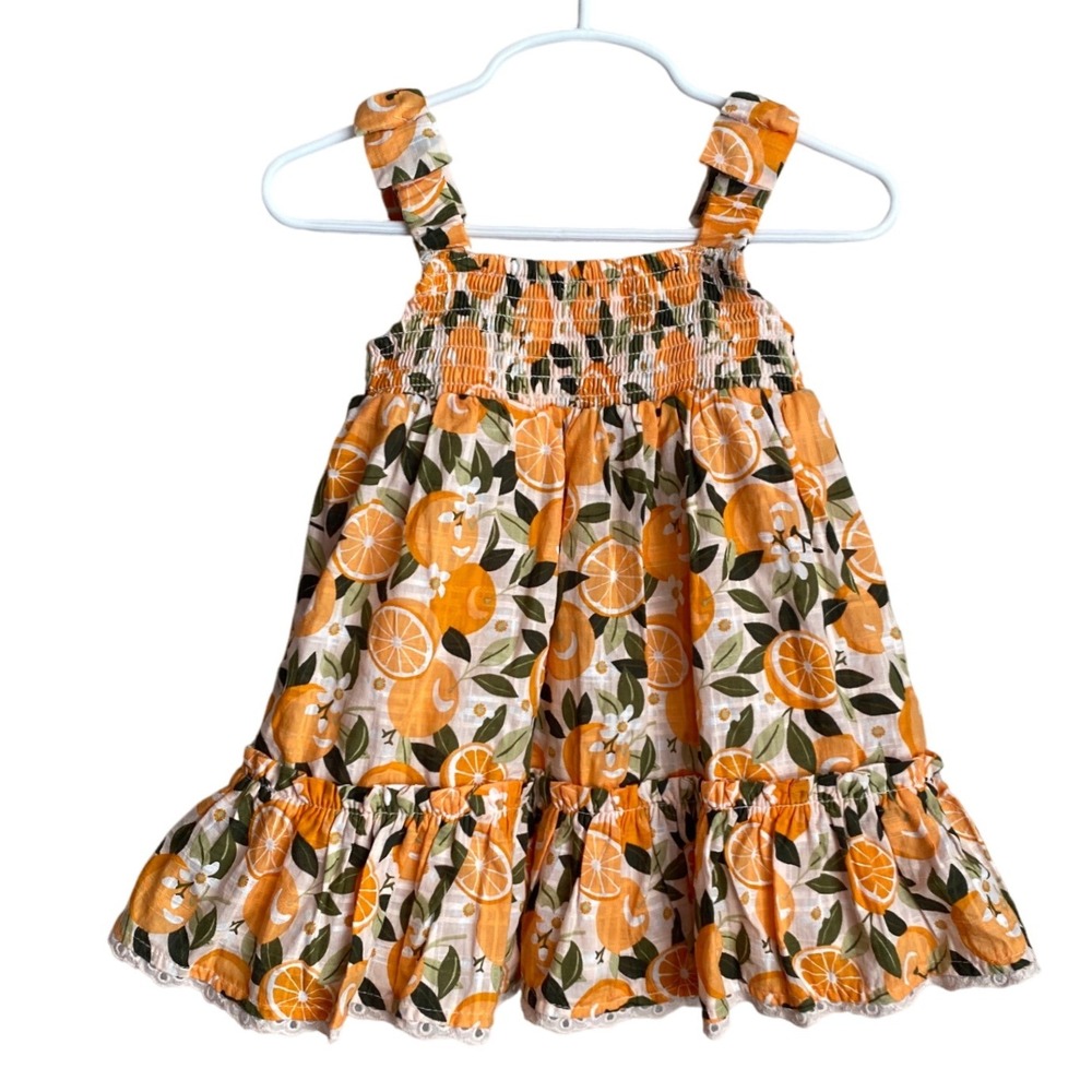 NEW SINCERELY JULES Eyelet Orange Citrus Print Smocked Tiered Dress Toddler 18M - Picture 2 of 11
